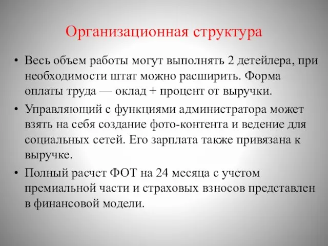 Организационная структура Весь объем работы могут выполнять 2 детейлера, при необходимости