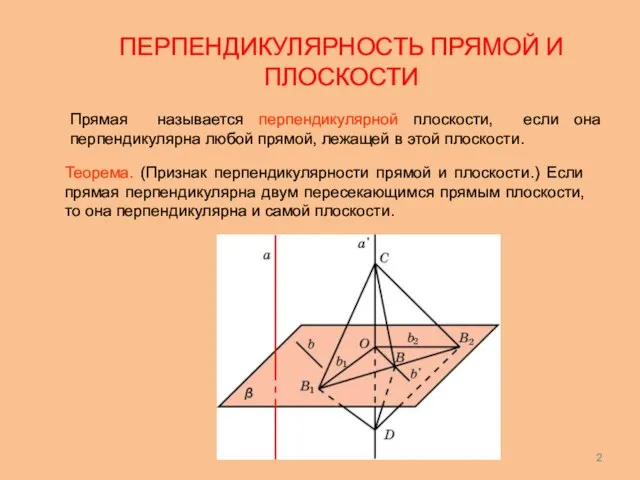 ПЕРПЕНДИКУЛЯРНОСТЬ ПРЯМОЙ И ПЛОСКОСТИ Прямая называется перпендикулярной плоскости, если она перпендикулярна