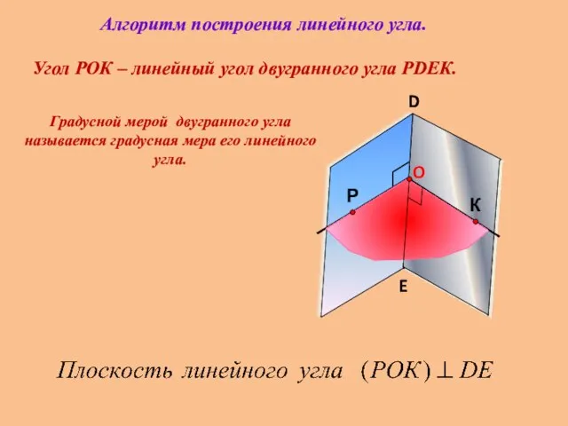 Угол РОК – линейный угол двугранного угла РDEК. D E Градусной