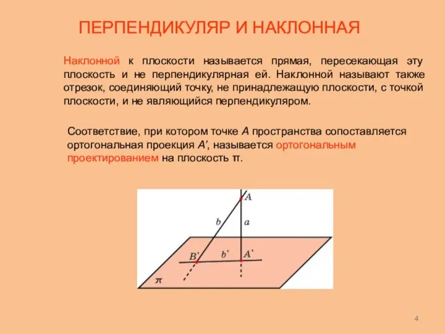 ПЕРПЕНДИКУЛЯР И НАКЛОННАЯ Наклонной к плоскости называется прямая, пересекающая эту плоскость