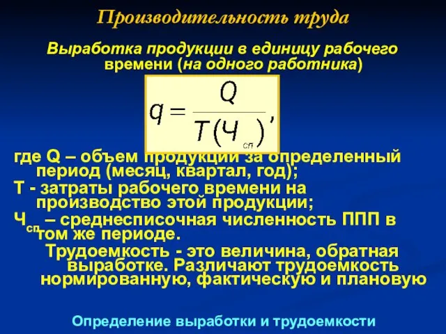 Производительность труда Выработка продукции в единицу рабочего времени (на одного работника)