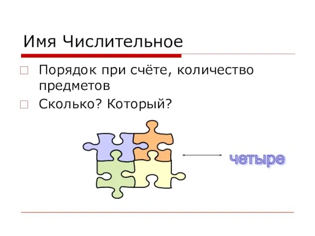 Имя Числительное Порядок при счёте, количество предметов Сколько? Который? четыре