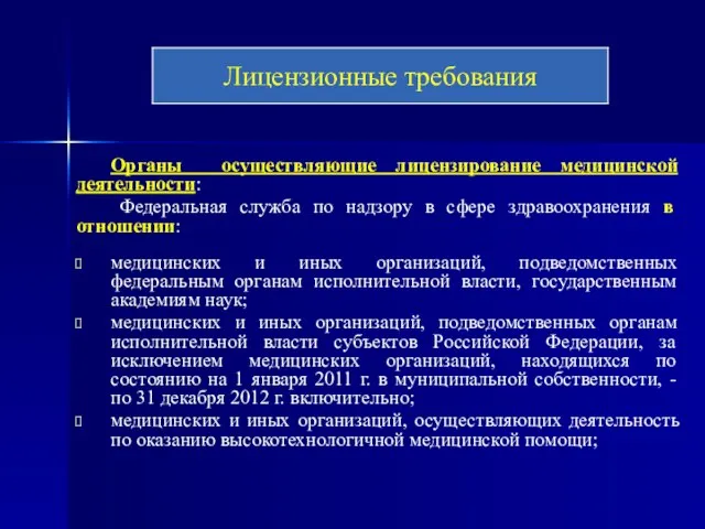 Органы осуществляющие лицензирование медицинской деятельности: Федеральная служба по надзору в сфере