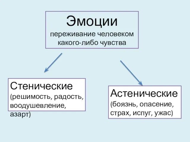 Эмоции переживание человеком какого-либо чувства Стенические (решимость, радость, воодушевление, азарт) Астенические (боязнь, опасение, страх, испуг, ужас)