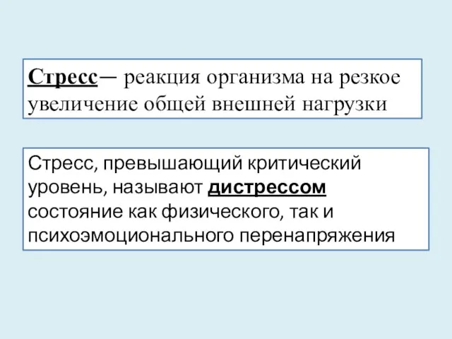 Стресс— реакция организма на резкое увеличение общей внешней нагрузки Стресс, превышающий