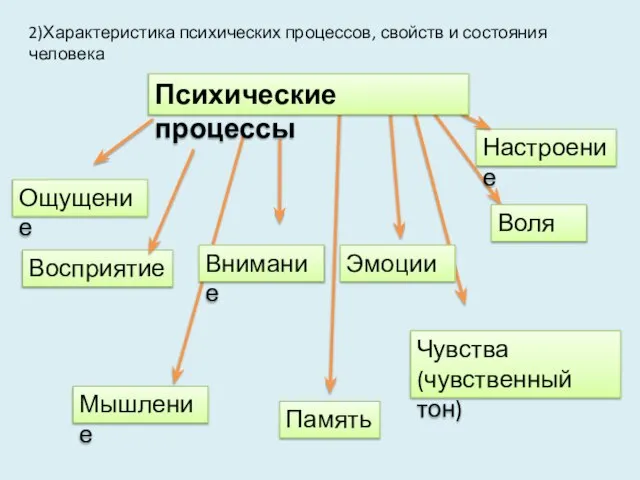 Ощущение Восприятие Мышление Память Чувства (чувственный тон) Настроение Воля Эмоции 2)Характеристика