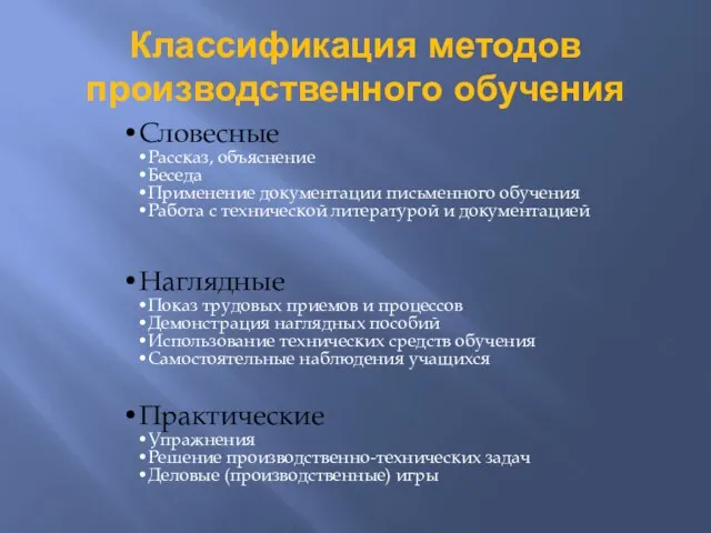 Классификация методов производственного обучения Словесные Рассказ, объяснение Беседа Применение документации письменного