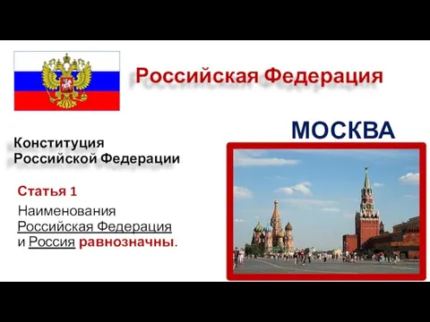 Статья 1 Наименования Российская Федерация и Россия равнозначны. Конституция Российской Федерации МОСКВА Российская Федерация