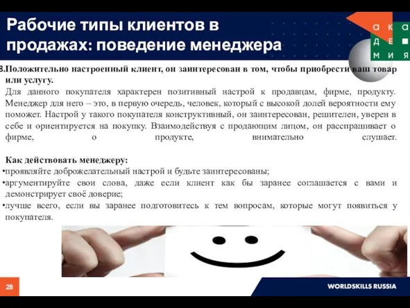 Рабочие типы клиентов в продажах: поведение менеджера Положительно настроенный клиент, он