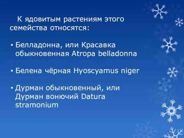 К ядовитым растениям этого семейства относятся: Белладонна, или Красавка обыкновенная Atropa