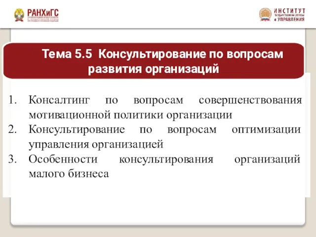 Консалтинг по вопросам совершенствования мотивационной политики организации Консультирование по вопросам оптимизации