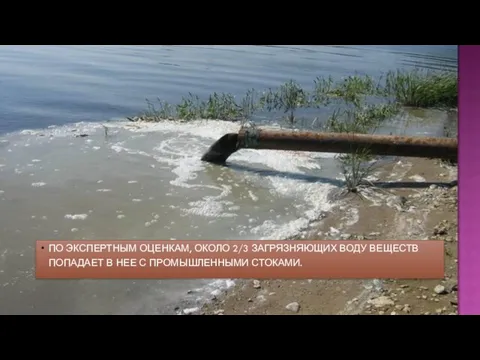 ПО ЭКСПЕРТНЫМ ОЦЕНКАМ, ОКОЛО 2/3 ЗАГРЯЗНЯЮЩИХ ВОДУ ВЕЩЕСТВ ПОПАДАЕТ В НЕЕ С ПРОМЫШЛЕННЫМИ СТОКАМИ.