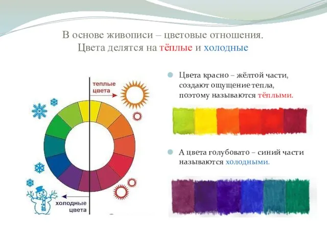 В основе живописи – цветовые отношения. Цвета делятся на тёплые и