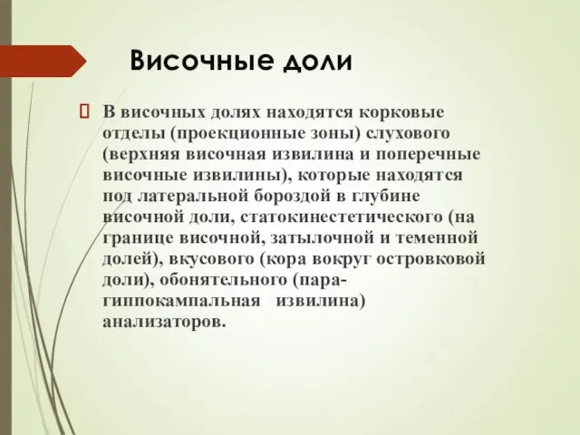 Височные доли В височных долях находятся корковые отделы (проекционные зоны) слухового