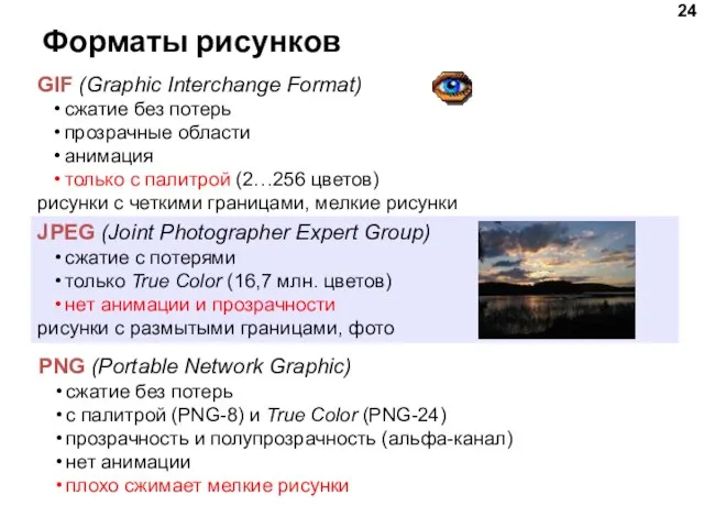 Форматы рисунков GIF (Graphic Interchange Format) сжатие без потерь прозрачные области