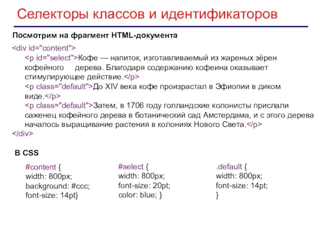 Селекторы классов и идентификаторов Кофе — напиток, изготавливаемый из жареных зёрен