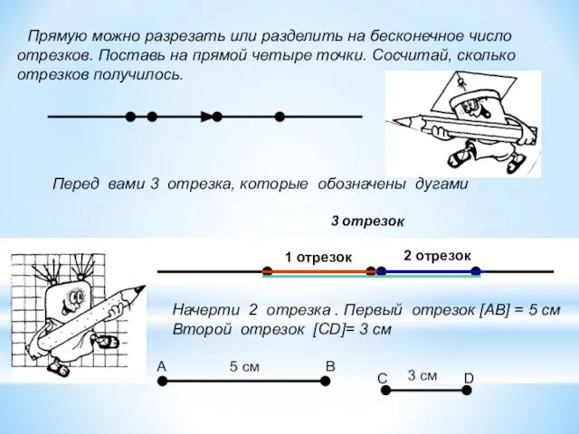 Прямую можно разрезать или разделить на бесконечное число отрезков. Поставь на