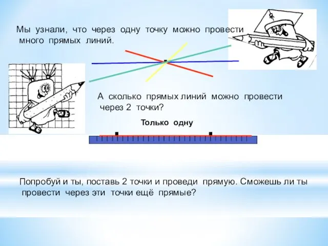 Мы узнали, что через одну точку можно провести много прямых линий.