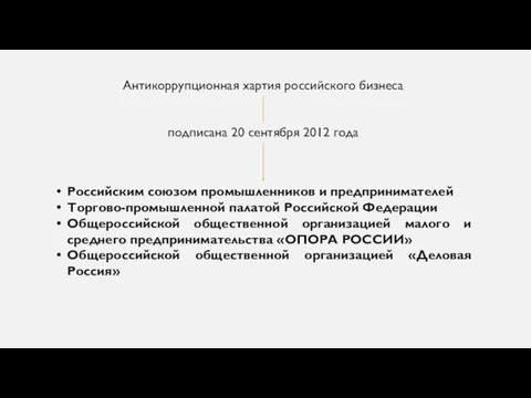 Антикоррупционная хартия российского бизнеса подписана 20 сентября 2012 года Российским союзом