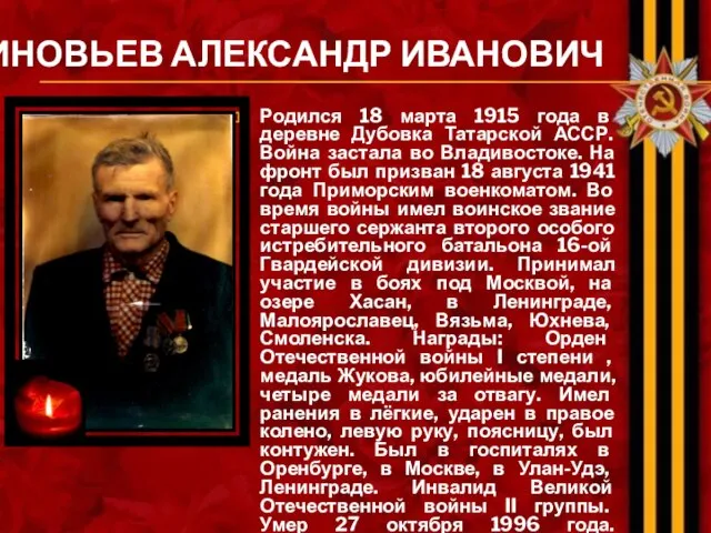 ЗИНОВЬЕВ АЛЕКСАНДР ИВАНОВИЧ Родился 18 марта 1915 года в деревне Дубовка