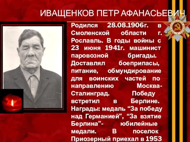 ИВАЩЕНКОВ ПЕТР АФАНАСЬЕВИЧ Родился 28.08.1906г. в Смоленской области г.Рославль. В годы