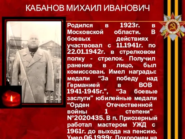 КАБАНОВ МИХАИЛ ИВАНОВИЧ Родился в 1923г. в Московской области. В боевых