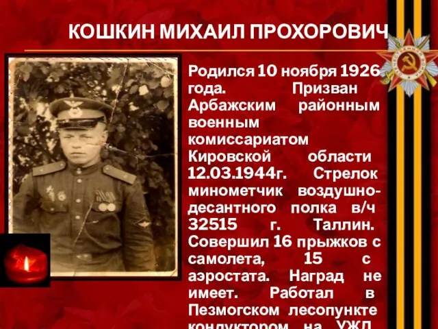 КОШКИН МИХАИЛ ПРОХОРОВИЧ Родился 10 ноября 1926 года. Призван Арбажским районным