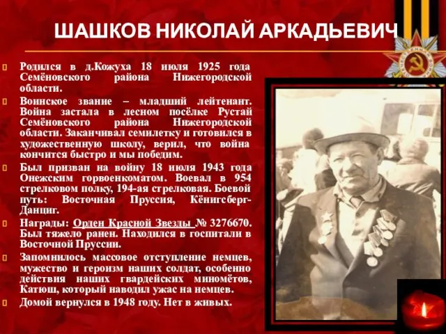 ШАШКОВ НИКОЛАЙ АРКАДЬЕВИЧ Родился в д.Кожуха 18 июля 1925 года Семёновского