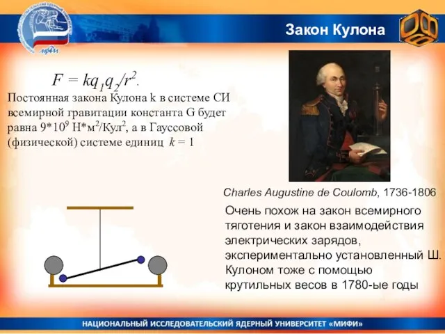 Закон Кулона Очень похож на закон всемирного тяготения и закон взаимодействия