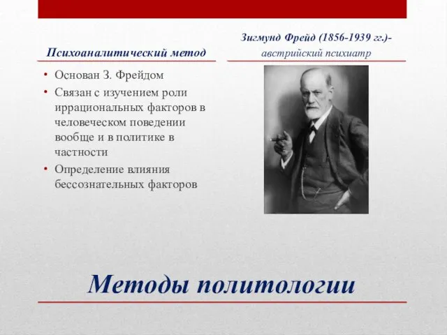 Методы политологии Психоаналитический метод Основан З. Фрейдом Связан с изучением роли