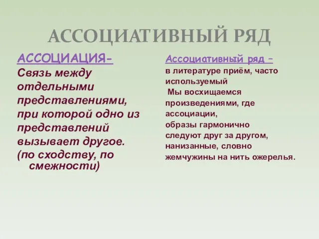 АССОЦИАТИВНЫЙ РЯД АССОЦИАЦИЯ- Связь между отдельными представлениями, при которой одно из