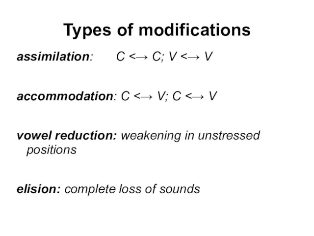 Types of modifications assimilation: C accommodation: C vowel reduction: weakening in