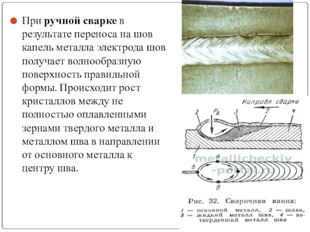 При ручной сварке в результате переноса на шов капель металла электрода