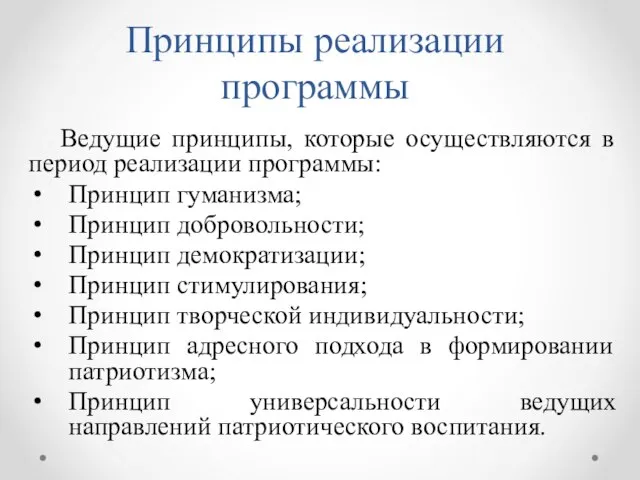 Принципы реализации программы Ведущие принципы, которые осуществляются в период реализации программы: