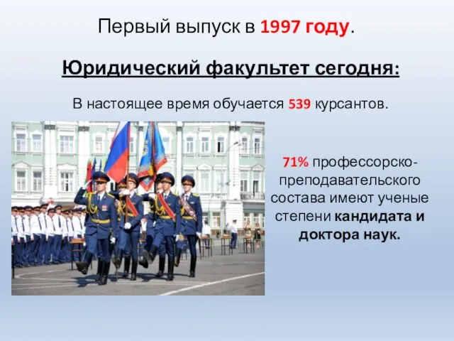 Первый выпуск в 1997 году. 71% профессорско-преподавательского состава имеют ученые степени