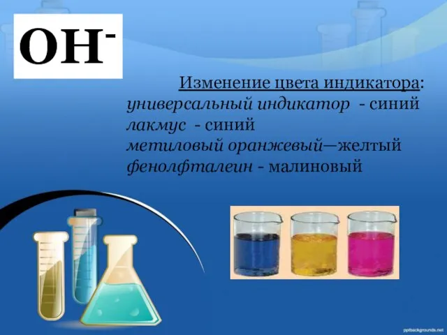 ОН- Изменение цвета индикатора: универсальный индикатор - синий лакмус - синий метиловый оранжевый—желтый фенолфталеин - малиновый
