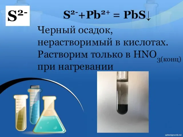 S2- S2-+Pb2+ = PbS↓ Черный осадок, нерастворимый в кислотах. Растворим только в HNO3(конц) при нагревании