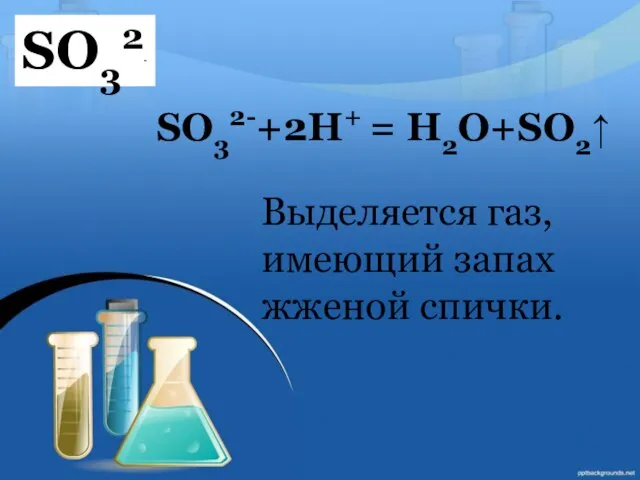 SO32- SO32-+2H+ = H2O+SO2↑ Выделяется газ, имеющий запах жженой спички.