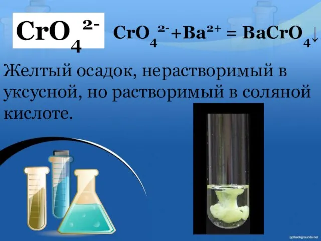 CrO42- CrO42-+Ba2+ = BaCrO4↓ Желтый осадок, нерастворимый в уксусной, но растворимый в соляной кислоте.