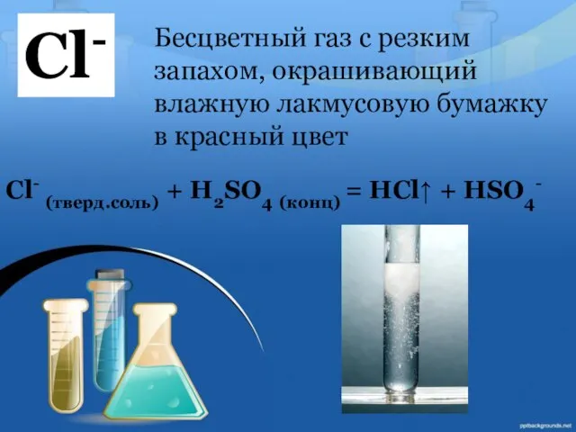 Cl- (тверд.соль) + H2SO4 (конц) = HCl↑ + HSO4- Cl- Бесцветный