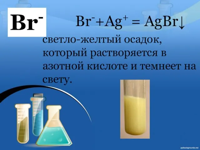 Br- Br-+Ag+ = AgBr↓ светло-желтый осадок, который растворяется в азотной кислоте и темнеет на свету.