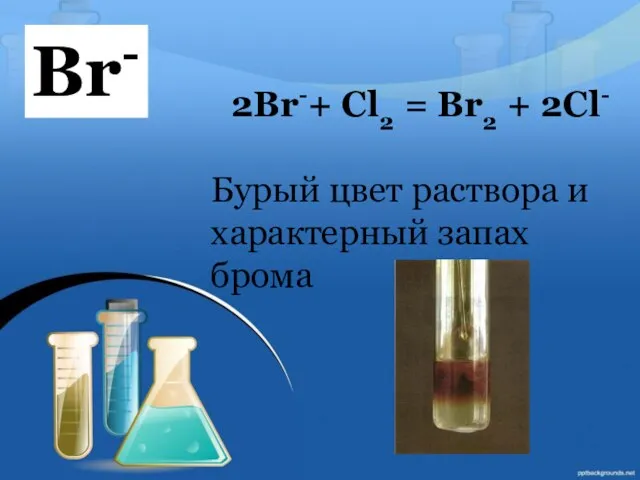 2Br-+ Cl2 = Br2 + 2Cl- Бурый цвет раствора и характерный запах брома Br-