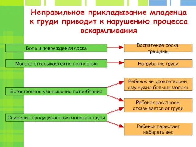 Неправильное прикладывание младенца к груди приводит к нарушению процесса вскармливания Боль