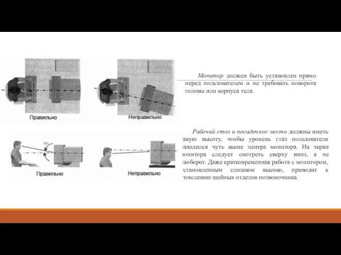 Монитор должен быть установлен прямо перед пользователем и не требовать поворота