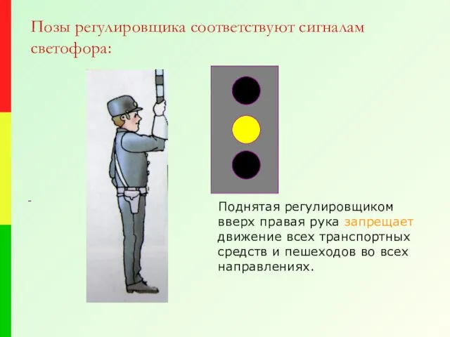 Позы регулировщика соответствуют сигналам светофора: - Поднятая регулировщиком вверх правая рука