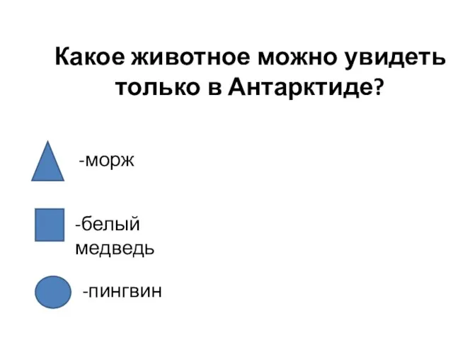 Какое животное можно увидеть только в Антарктиде? -морж -белый медведь -пингвин