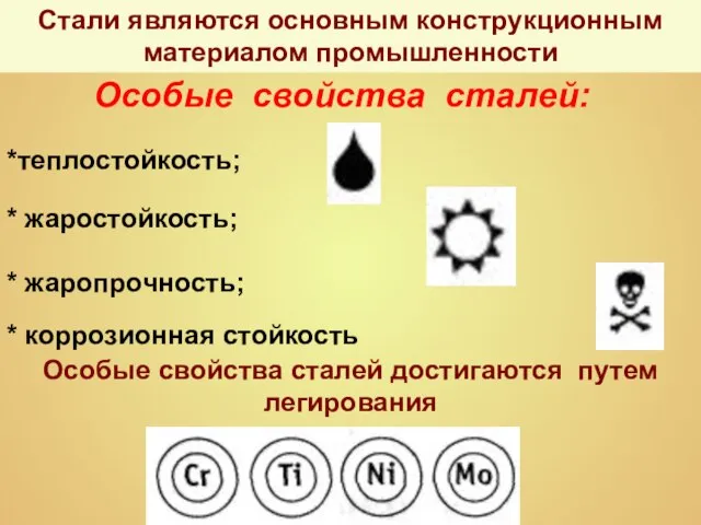 Стали являются основным конструкционным материалом промышленности Особые свойства сталей: *теплостойкость; *