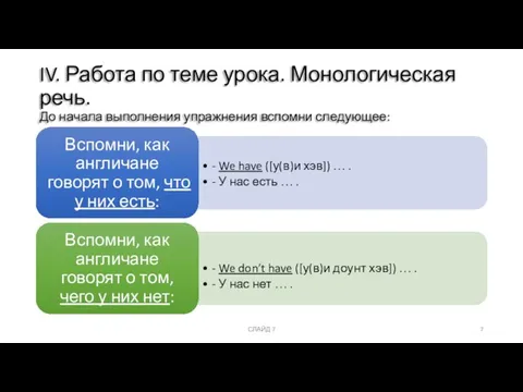 СЛАЙД 7 IV. Работа по теме урока. Монологическая речь. До начала выполнения упражнения вспомни следующее: