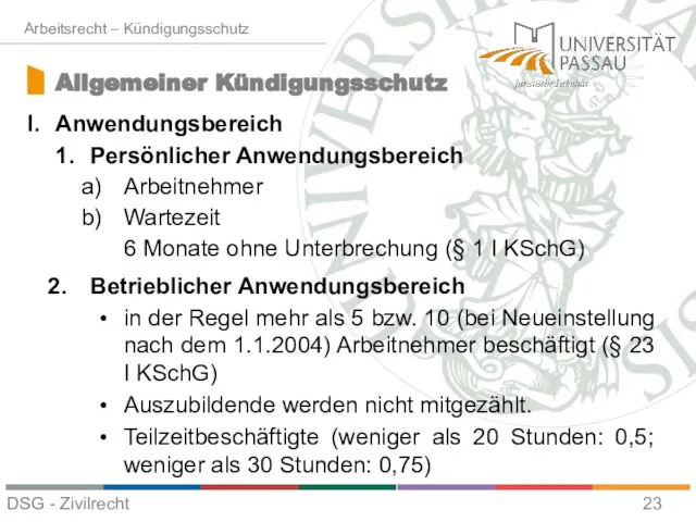 Anwendungsbereich 1. Persönlicher Anwendungsbereich Arbeitnehmer Wartezeit 6 Monate ohne Unterbrechung (§