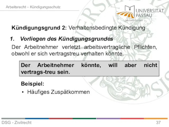 Kündigungsgrund 2: Verhaltensbedingte Kündigung Vorliegen des Kündigungsgrundes Der Arbeitnehmer verletzt arbeitsvertragliche